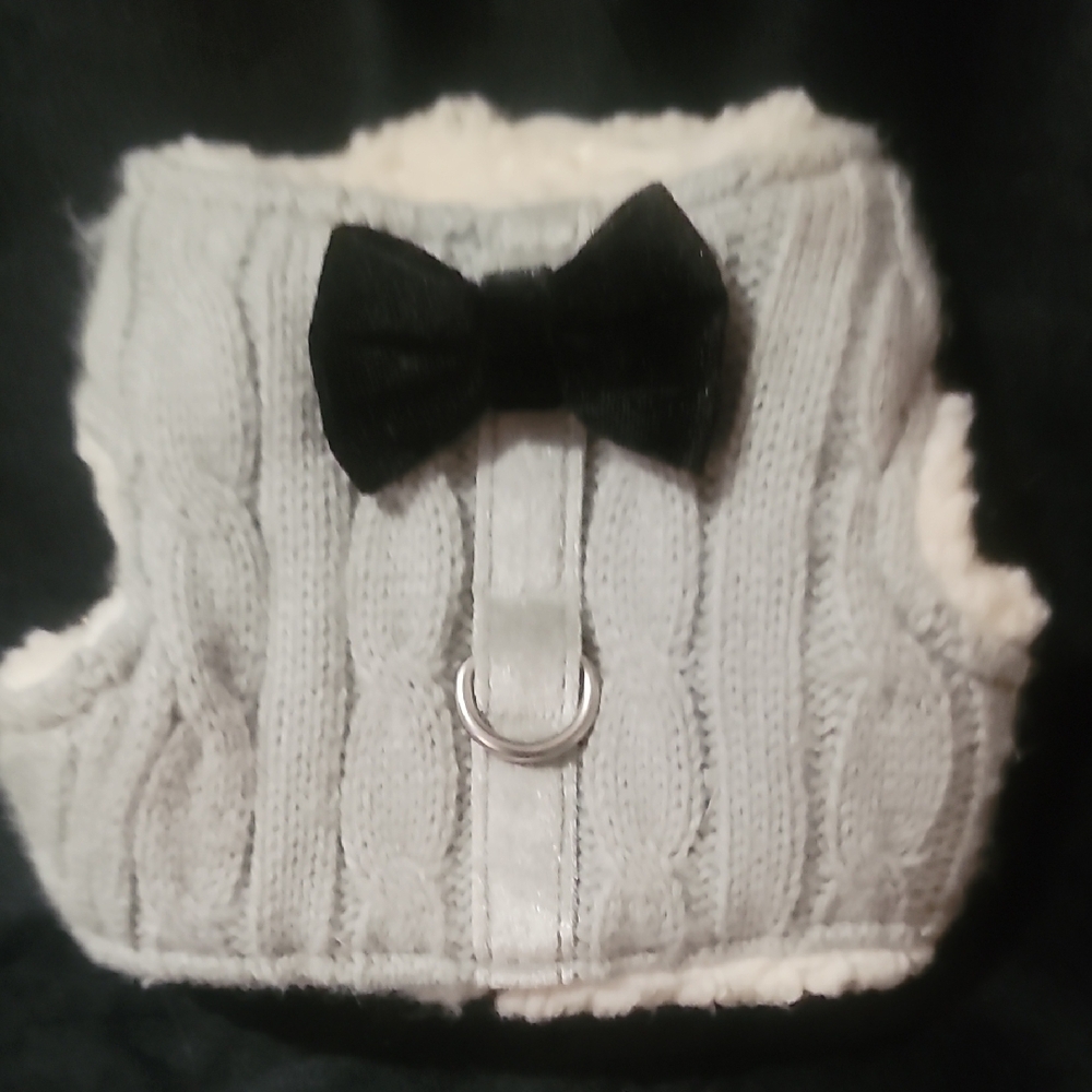 Gray Cable Knit Dog Sweater with Black Bow Tie